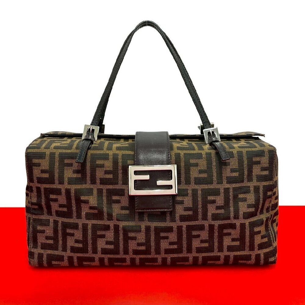 Fendi canvas bag leather tote brown black Boston Zucca Handbag FF Brown Black